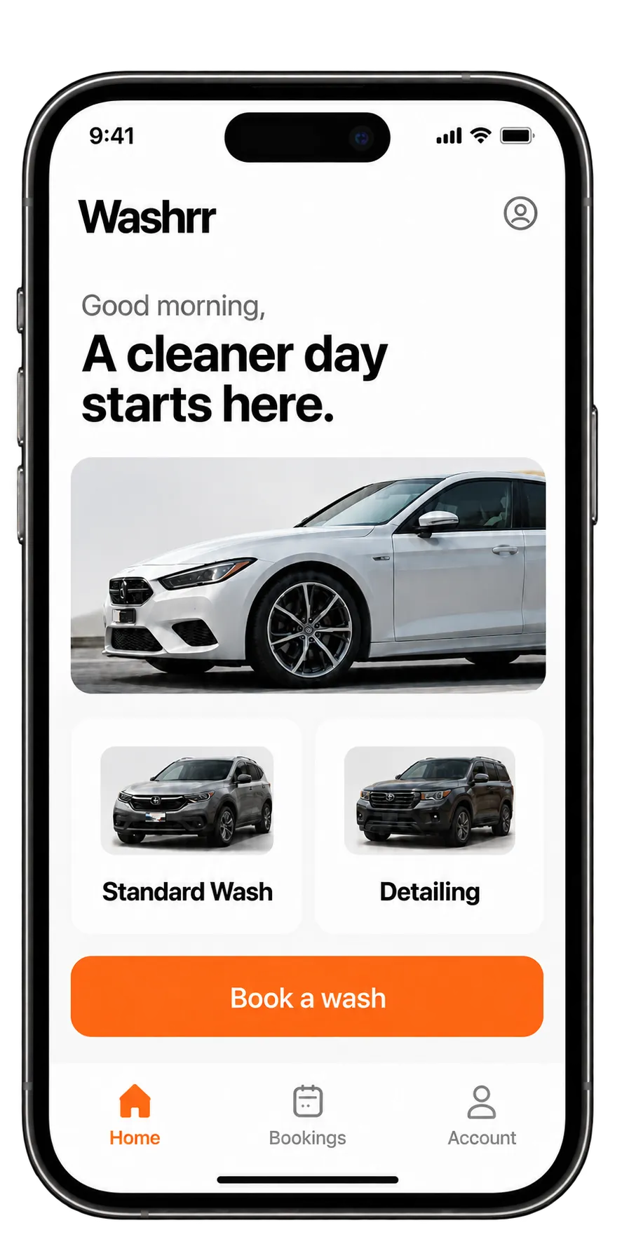 The Washrr app home screen, showing a car ready to be booked for a wash.